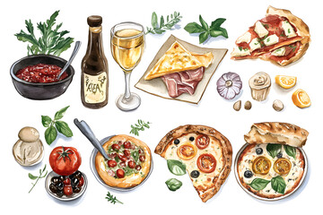 Watercolor collection of Italian food isolated on white background