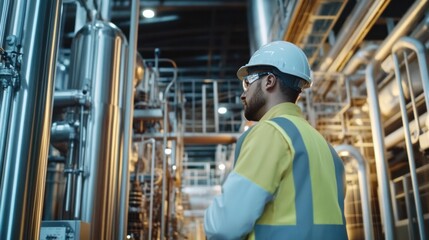 Fototapeta premium An engineer conducting a thorough machinery safety inspection in a modern industrial plant, ensuring compliance with safety regulations