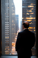 Businessman looking out city window