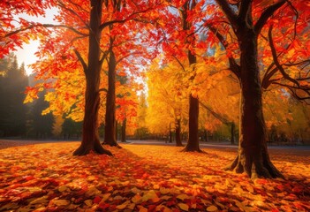 vibrant autumn leaves bathed warm lighting showcasing rich colors intricate details seasonal beauty, foliage, orange, red, yellow, sunlight, texture, nature
