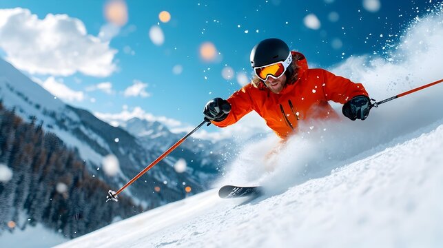 Skier speeding down a snow covered mountain slope in a thrilling winter outdoor sports activity  The image captures the exhilarating descent