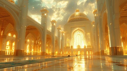 Obraz premium A grand, illuminated interior of a mosque with intricate architecture and warm lighting.