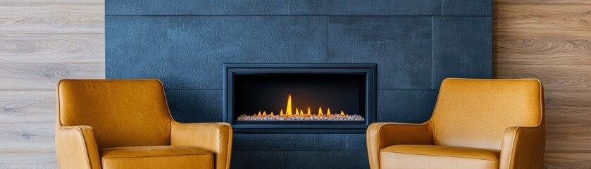 Cozy living room with modern fireplace and stylish orange chairs.