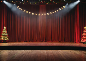 Escenario rojo con luces y arboles de navidad, Red stage with lights and Christmas trees
