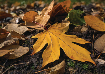 yellow autumn leaf fallen on the earth, hoja amarilla de otoño caída