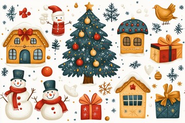 Fototapeta premium Stickers of various Christmas elements. Generative AI