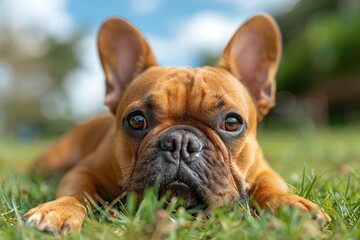 A close-up of a French Bulldog lying on the grass, with a clear focus on its face and expressive eyes, surrounded by a natural outdoor background