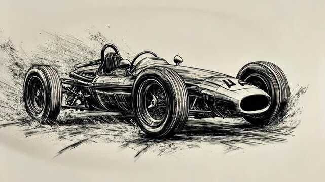 A vintage racing car speeds across the track, leaving a trail of dust in its wake