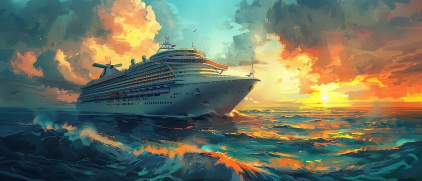 A digital painting shows the white cruise ship   sailing on choppy seas at sunset, with colorful skies and three seagulls adding to the marine ambiance. The scene captures ocean majesty