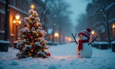 Fototapeta premium Christmas snowman decoration on evening decorated street with lanterns and Christmas tree with garland and toys