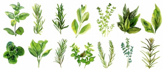 A vibrant watercolor illustration of assorted herbs like basil, rosemary, and mint on a white background. Each herb is uniquely depicted in shades of green for easy recognition.
