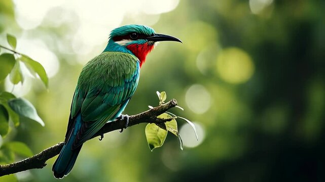 A blue-tailed bee-eater perches on a branch in a lush green forest