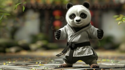 3D animated panda in martial arts attire on a wooden walkway in a Chinese garden. Expressive stance and background hint at Chinese architecture and nature.