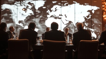 Obraz premium An international trade conference, with business leaders discussing trade agreements, global trade policies, and their impact on the global economy