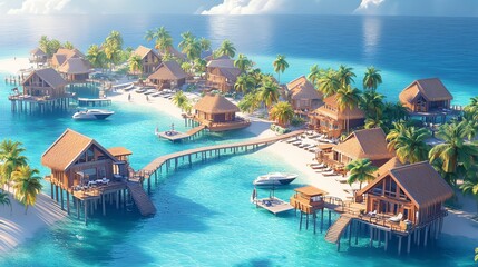 Obraz premium A tropical island resort with wooden bungalows on stilts over the clear blue water, surrounded by lush palm trees and white sandy beaches.