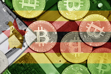 flag of zimbabwe on the bitcoins with computer electronic circuit board background. bitcoin concept.