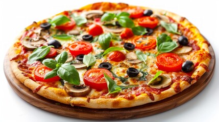 Close-up of a colorful pizza on wooden plate, topped with cherry tomatoes, olives, mushrooms, and basil. Melted cheese enhances its appetizing appeal.
