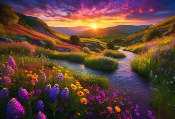 Naklejka premium vibrant landscape featuring flourishing elements nature blended harmoniously stunning scenery breathtaking colors diverse flora, artworks, landscapes