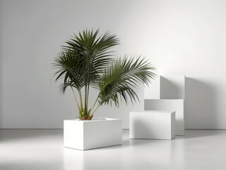 Fototapeta premium Minimalist indoor plant display on white pedestal with modern geometric shapes.