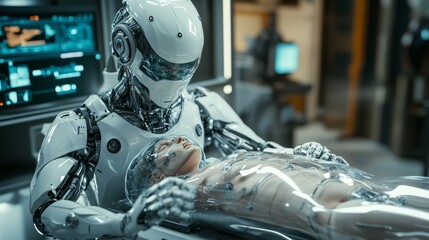 Fototapeta premium Future cyborg robot diagnoses and treats another cyborg, scientific medical background