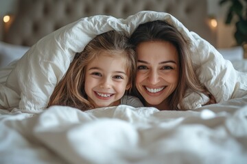 Happy joyful latin mother and adorable daughter hiding under soft comforter on comfortable bed, enjoying lazy morning and laughing, relaxing on fresh bed, Generative AI