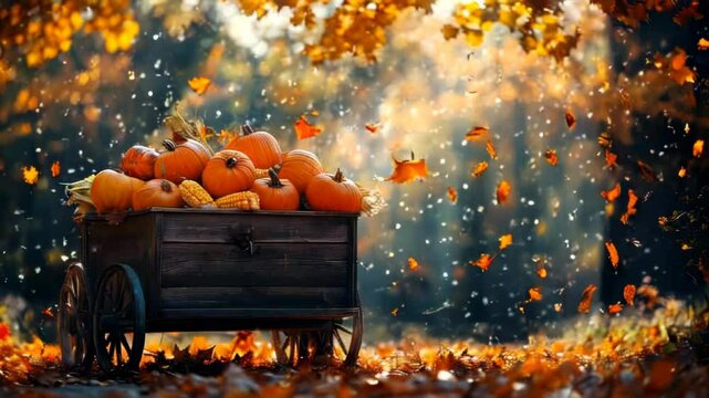 Autumn scene with a wooden cart full of pumpkins and corn, surrounded by falling leaves in a sunlit forest setting