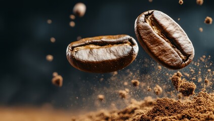 Three Coffee Beans Flying in the Air with Ground and Dirt Floating Around