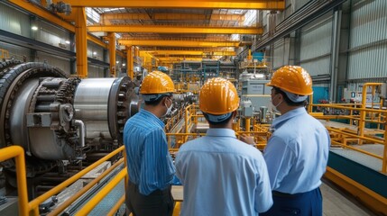Fototapeta premium Engineers conducting a final inspection of modern industrial machinery setup, ensuring proper safety measures before operation