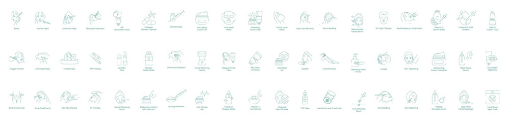 Botox, Dermal Fillers, Skin Serums, Laser Treatment, Collagen Capsules, Microneedling, PRP Treatment, Facial Mask, Kybella, Skin Brightening Treatment, Scar Removal Treatment, Vitamin C and more icons