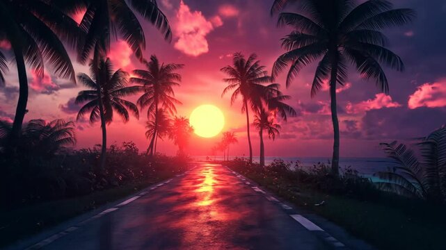 A scenic road winds through a tropical landscape as the sun sets over the ocean