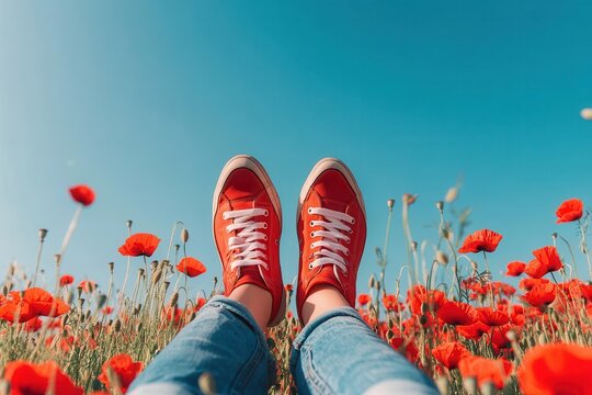 A person is sitting in a field of red flowers. The person is wearing red shoes and jeans. The field is full of red flowers, and the sky is blue