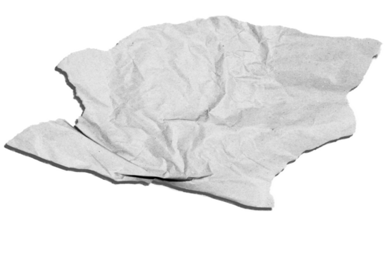 Crumpled piece of light-colored paper on an empty background. Textured element, abstract design.