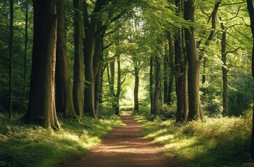 Fototapeta premium A path through a forest with trees on either side. The path is lined with trees and the sunlight is shining through the leaves