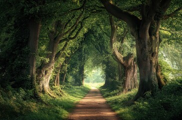 A path through a forest with trees on either side. The path is lined with trees and the sunlight is shining through the leaves