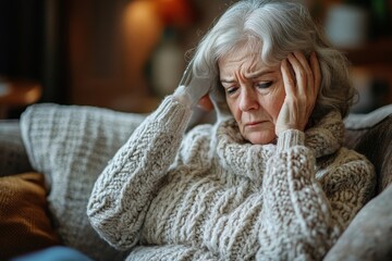 Depressed stressed elderly woman looking at phone screen and touching head, sitting on couch in living room, reading bad news in message, problem with, Generative AI