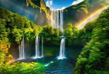 Fototapeta premium stunning vibrant landscapes showcasing cascading waterfalls surrounded lush green vegetation verdant hills, greenery, nature, mountain, river, stream