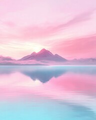 Fototapeta premium A mountain range is reflected in the water, with a pink and blue sky in the background. The scene is serene and peaceful, with the mountains and water creating a sense of calmness and tranquility