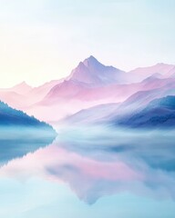 Obraz premium A mountain range with a lake in the foreground. The mountains are covered in a light blue mist