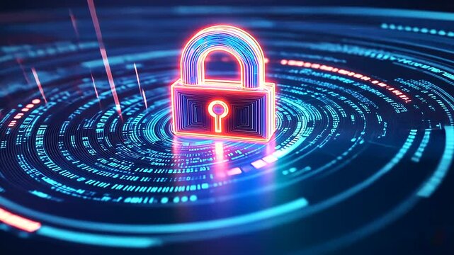 A sleek digital padlock icon is centered on a blue and white gradient background, surrounded by cascading binary code and futuristic circular patterns. The glowing padlock