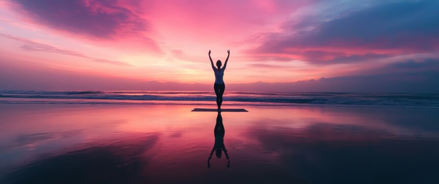 A person is standing on a yoga mat on a beach at sunset. The sky is a beautiful mix of pink and purple hues, creating a serene and peaceful atmosphere. The person appears to be in a state of joy