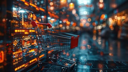 E-commerce, vibrant colors, digital screens, close-up, modern