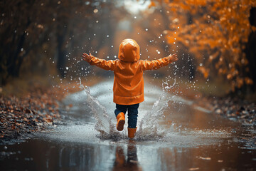 A young child is running through a puddle of water