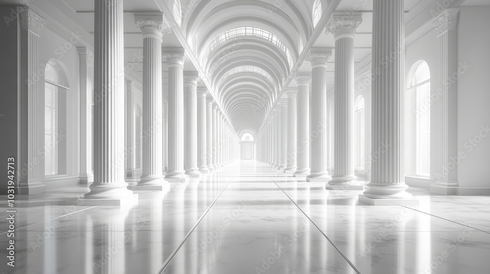 Poster the expansive corridor showcases a series of grand columns, with light streaming through the arches,