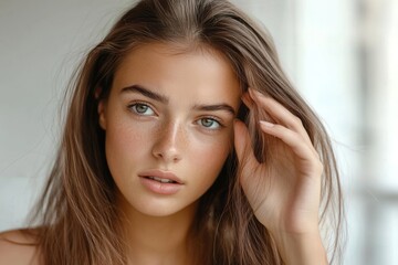 Fototapeta premium Portrait of a beautiful young woman examining her scalp and hair in front of the mirror, hair roots, color, grey hair, hair loss or dry scalp problem, Generative AI