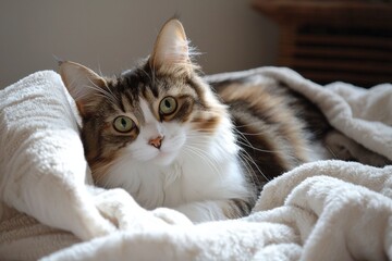 Obraz premium A cozy cat lounging contentedly on a soft blanket in a serene indoor setting