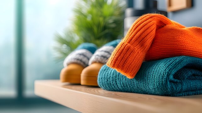 A collection of various winter coats scarves and boots neatly arranged and displayed in a mudroom or entryway setting showcasing a practical and organized storage solution for cold weather apparel