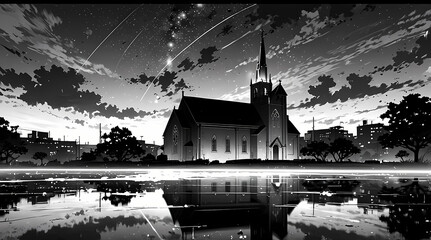 Fototapeta premium Starry Night Over Church with Gothic Architecture and Steeple