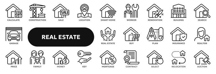 Set of vector linear icons related to real estate and rent, construction, purchasing and selling a home. Symbols for website or app ui, logo design, illustration