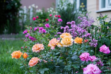 Obraz premium Vibrant summer garden bursting with colorful roses in full bloom during golden hour
