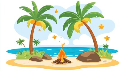 Fototapeta premium A tropical beach scene with two palm trees and a fire. The fire is in the foreground and the palm trees are in the background. The scene is peaceful and relaxing, with the ocean in the background